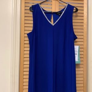 Sleeveless “Goddess Blue” w/silver trim around collar and down the back.NWT